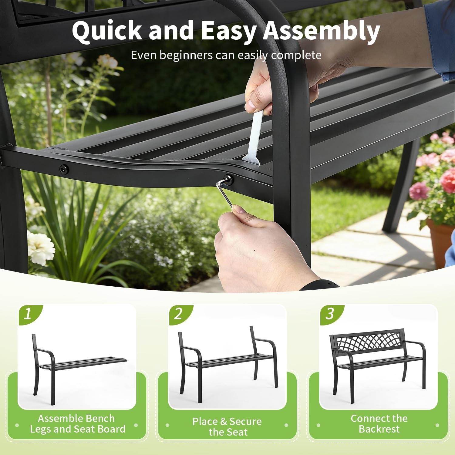 Outdoor Garden Bench – Iron Steel Frame Patio Seating, Mesh Pattern, Plastic Bac