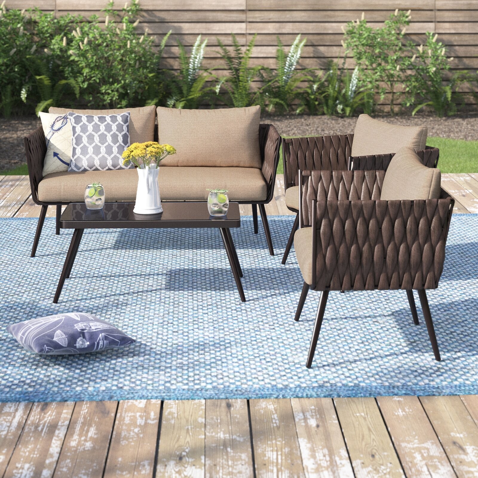 Barton 4 Piece Bistro Sofa Set w/Cushions Coffee Table Outdoor Patio Wicker