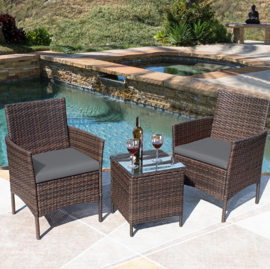 Devoko 3pc Outdoor Patio Conversation Set Wicker Bistro Chairs Gray