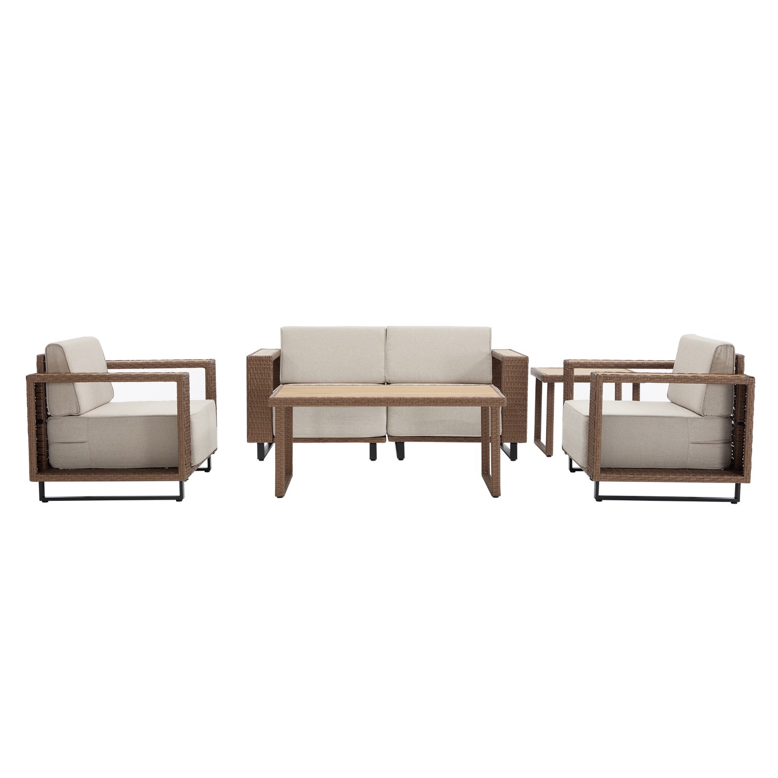 EBELLO Wicker Patio Conversation Set – 2 Seater Sofa, 2 Chairs and Coffee Table