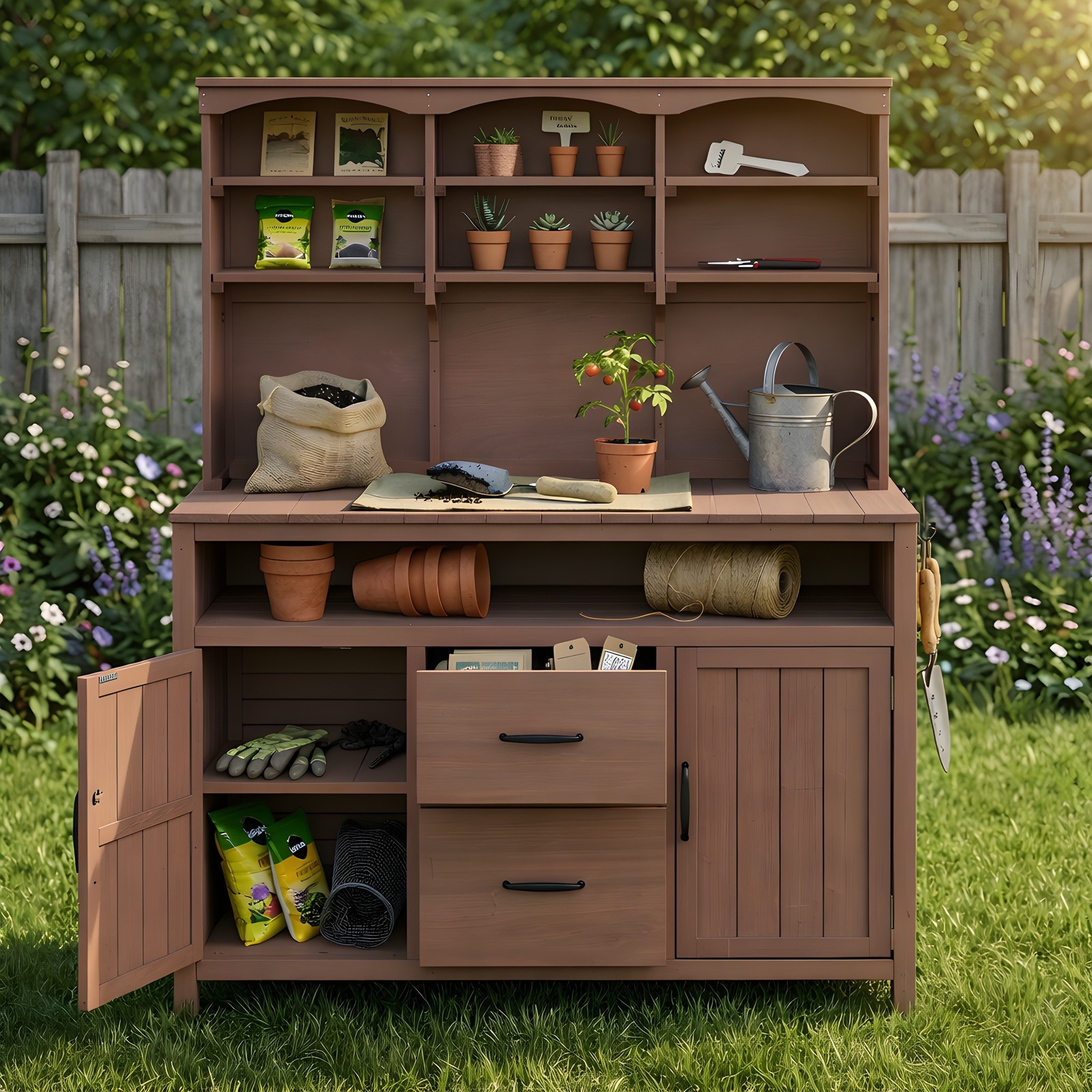 Large Fir Wood Potting Bench with Hutch & Drawers, Rustic Brown Outdoor