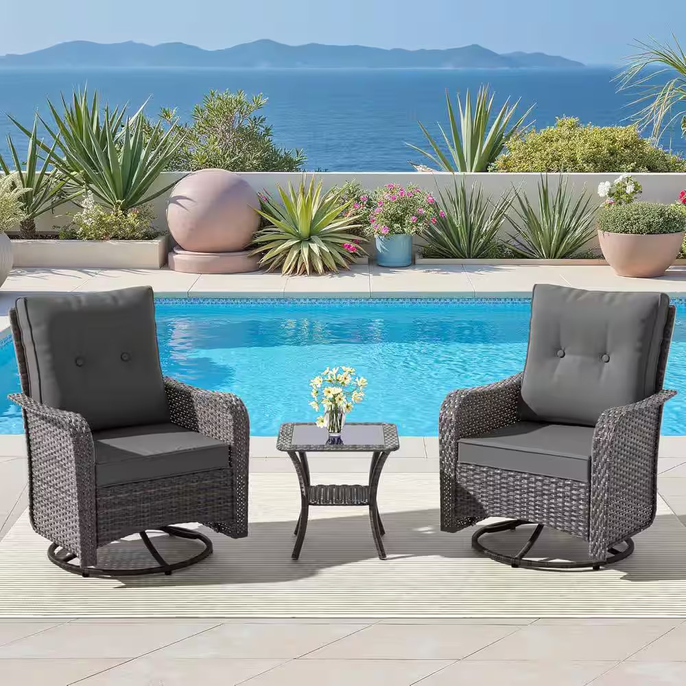 3-Piece Wicker Outdoor Rocking Chairs Set with Swivel, 1 Glass Coffee Table and