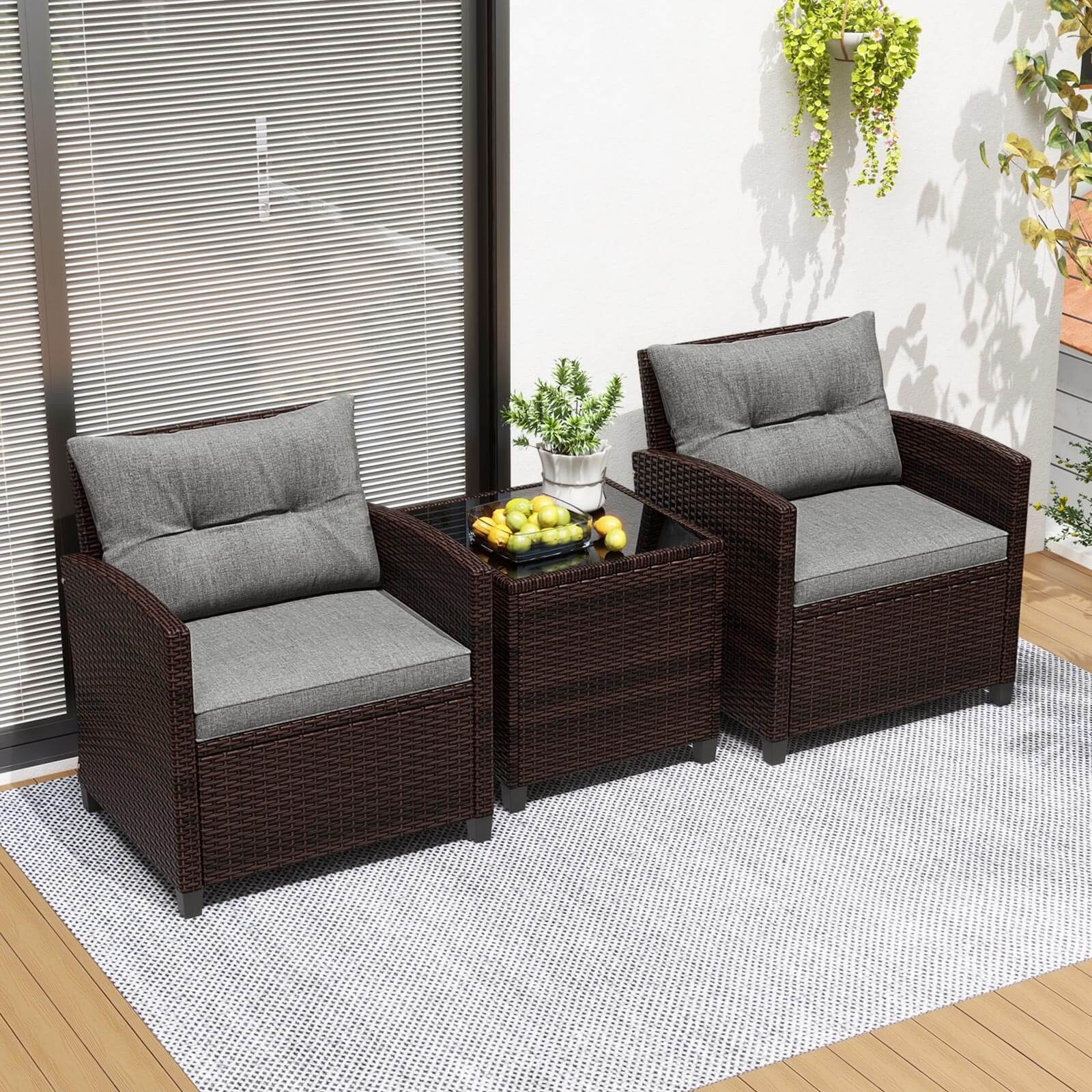 3PCS Patio Rattan Furniture Set Cushioned Conversation Set Sofa Turquoise