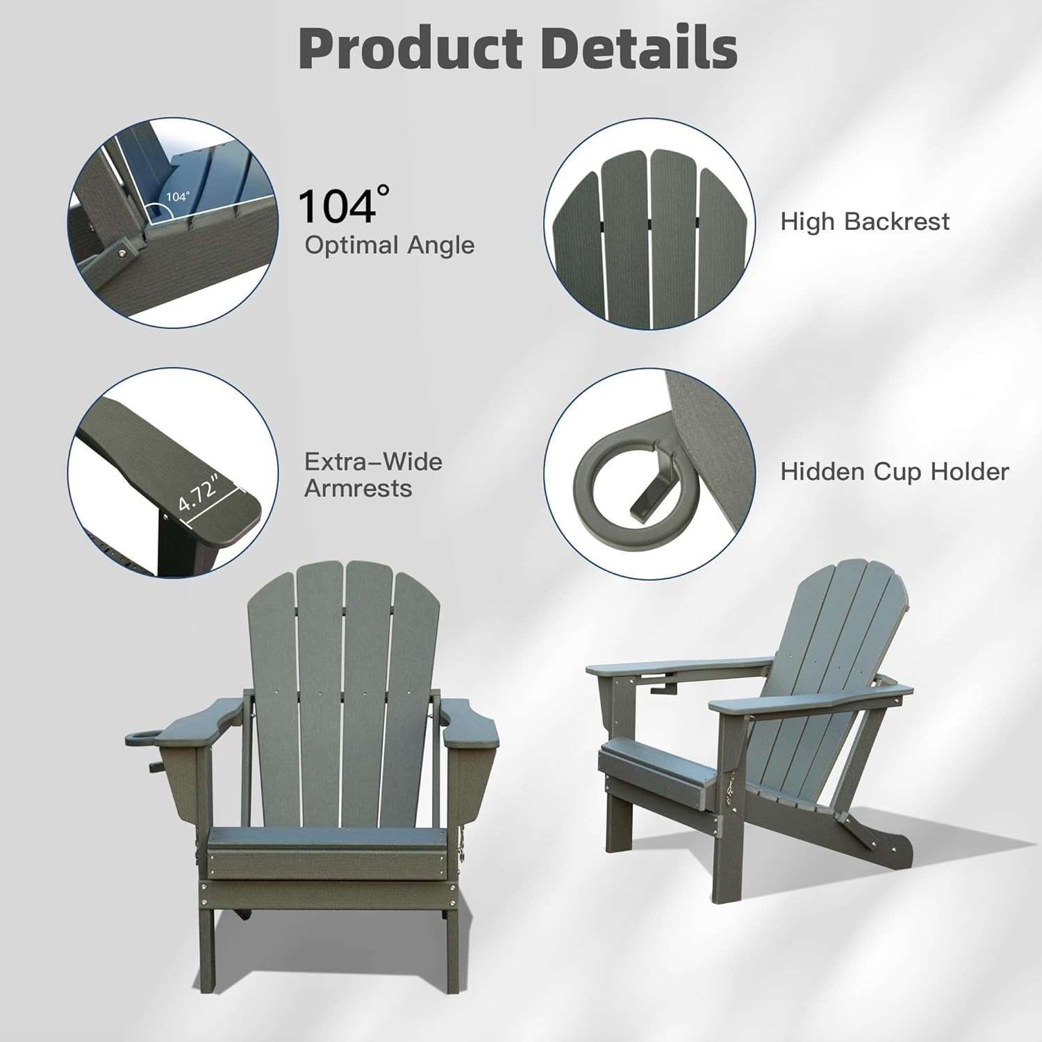 6pcs All-Weather HDPE Folding Adirondack Chair Fire Pit Chair w/Cup Holder,Grey