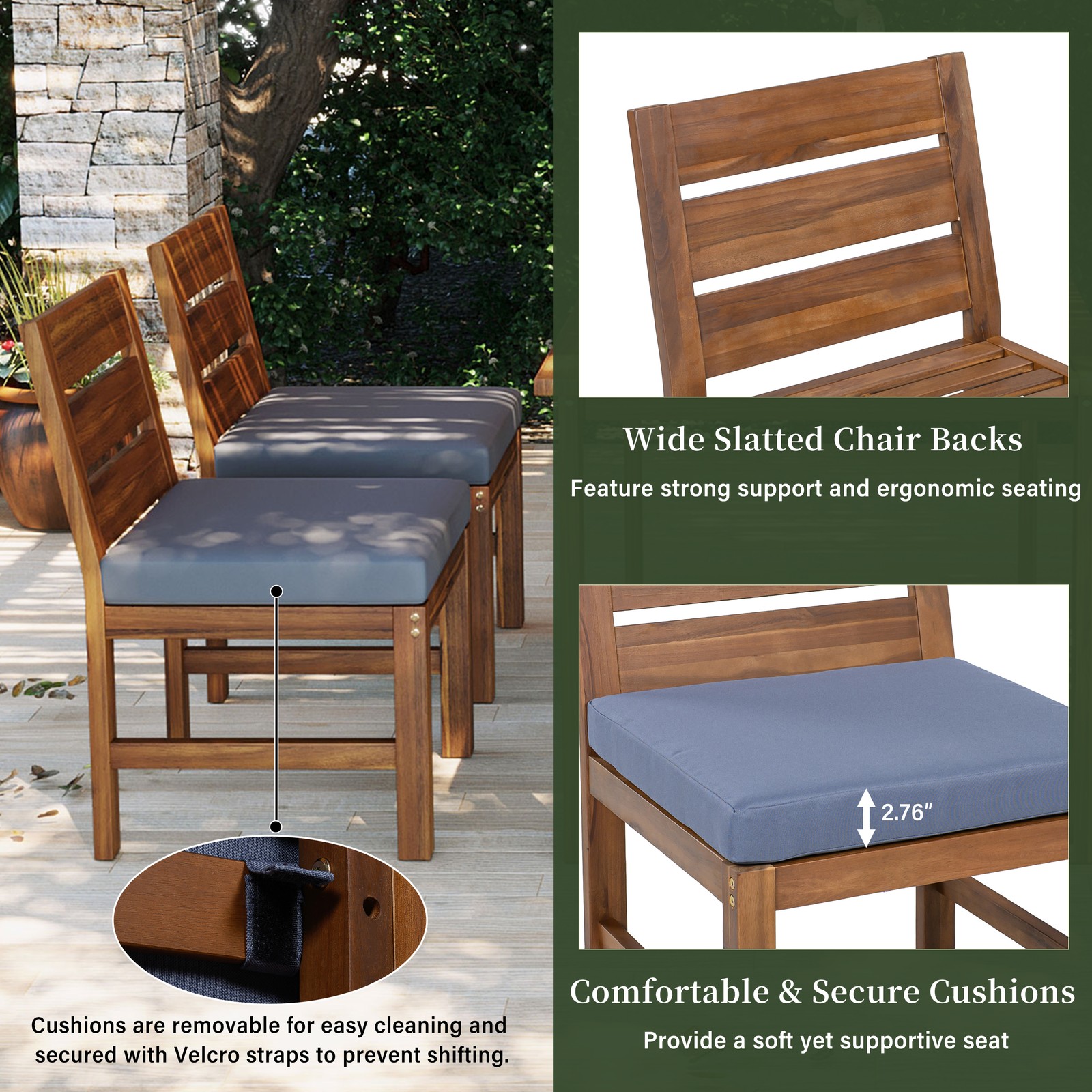 Acacia Wood Outdoor Dining Set for 4 with Cushions, Farmhouse Patio