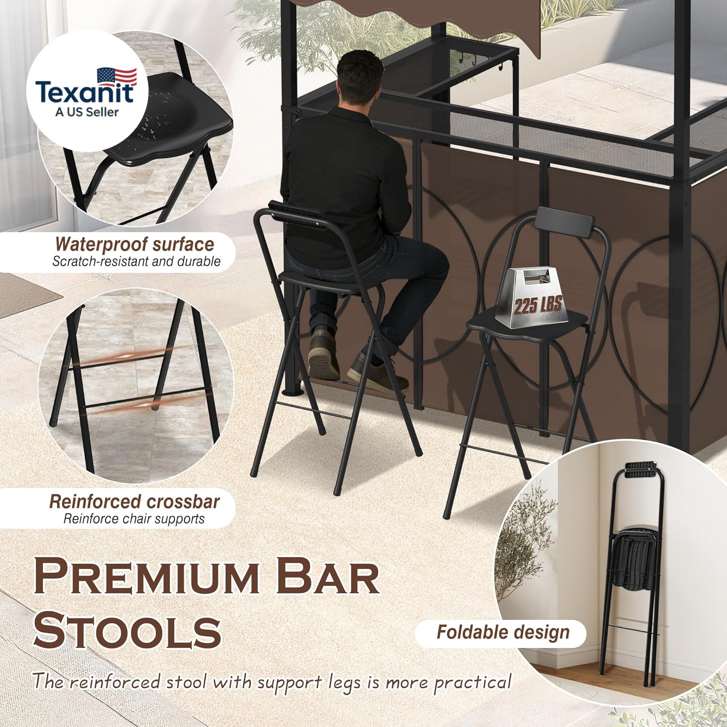 3 Piece Patio Bar and Grill Set, Grill Gazebo with Bar Table and 2 Foldable Stoo