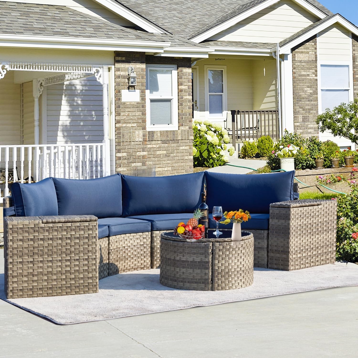 Set of 7 Half-Moon Patio Furniture All-Weather Wicker Curved Sofa Storage Table
