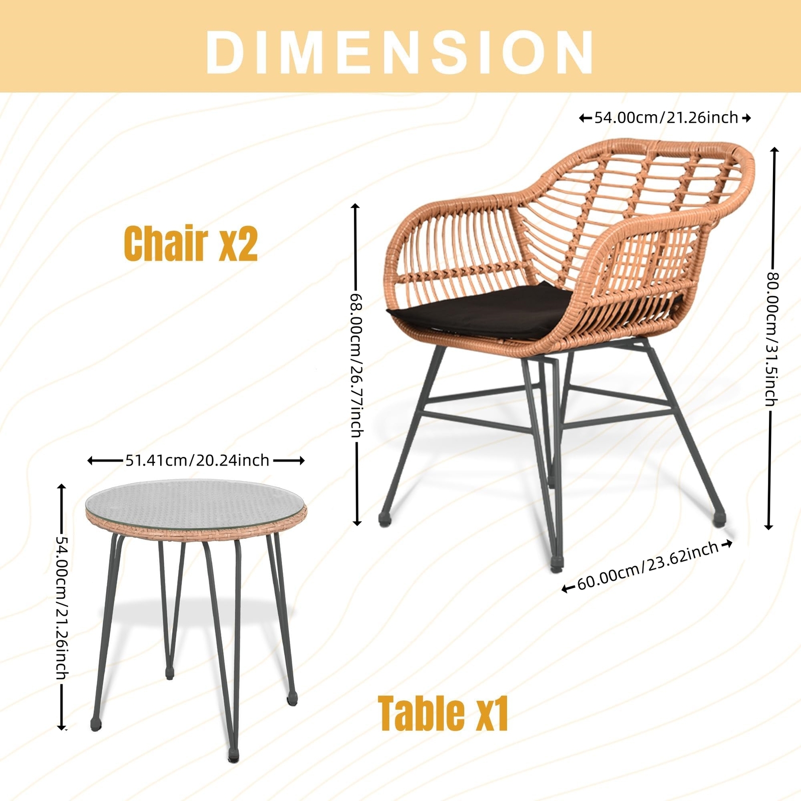 Outdoor Rattan Patio Set with modern Chairs, Cushions, and Glass Coffee Table