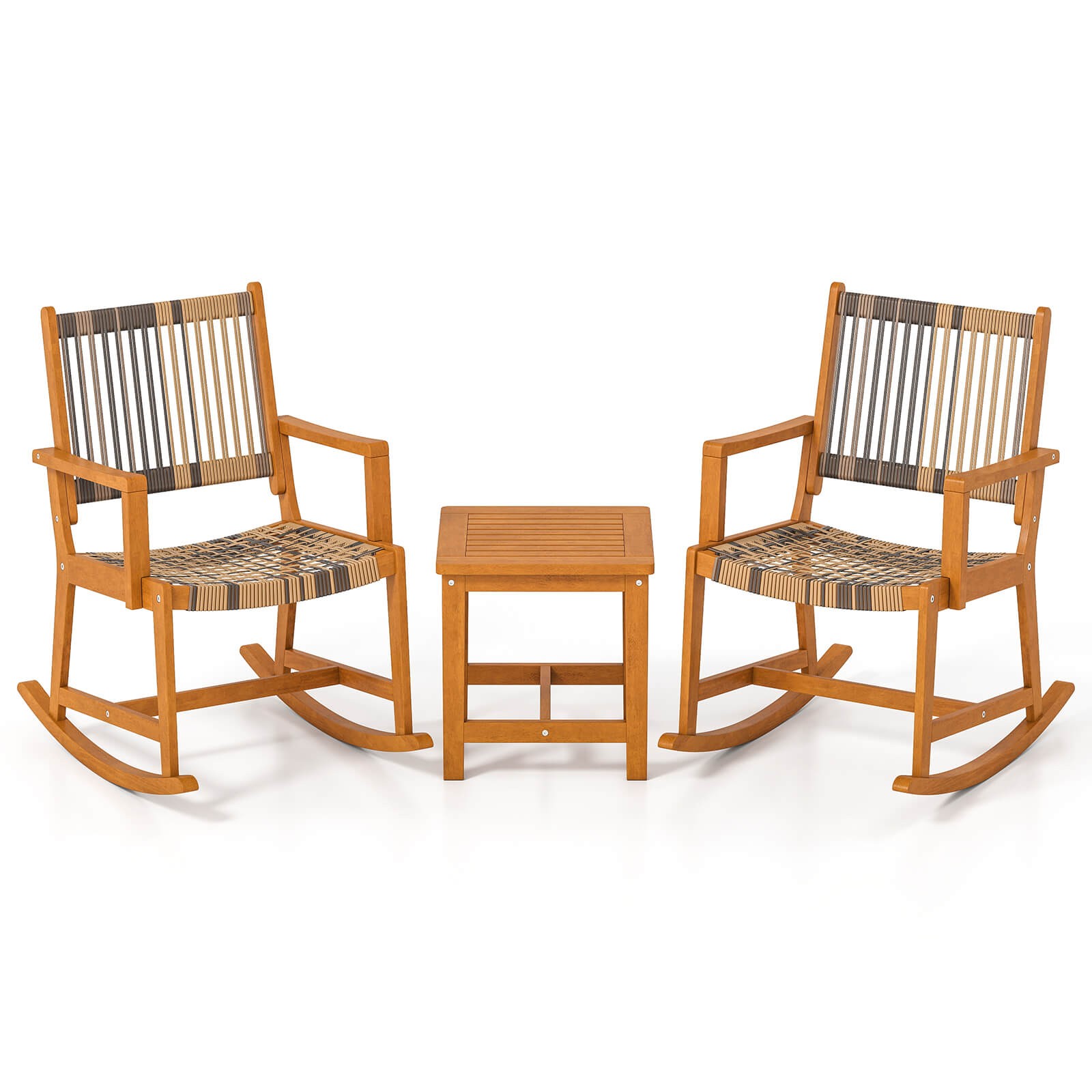 3 PCS Patio Rocking Set w/ Rattan Seat & Back Square Side Table for Porch