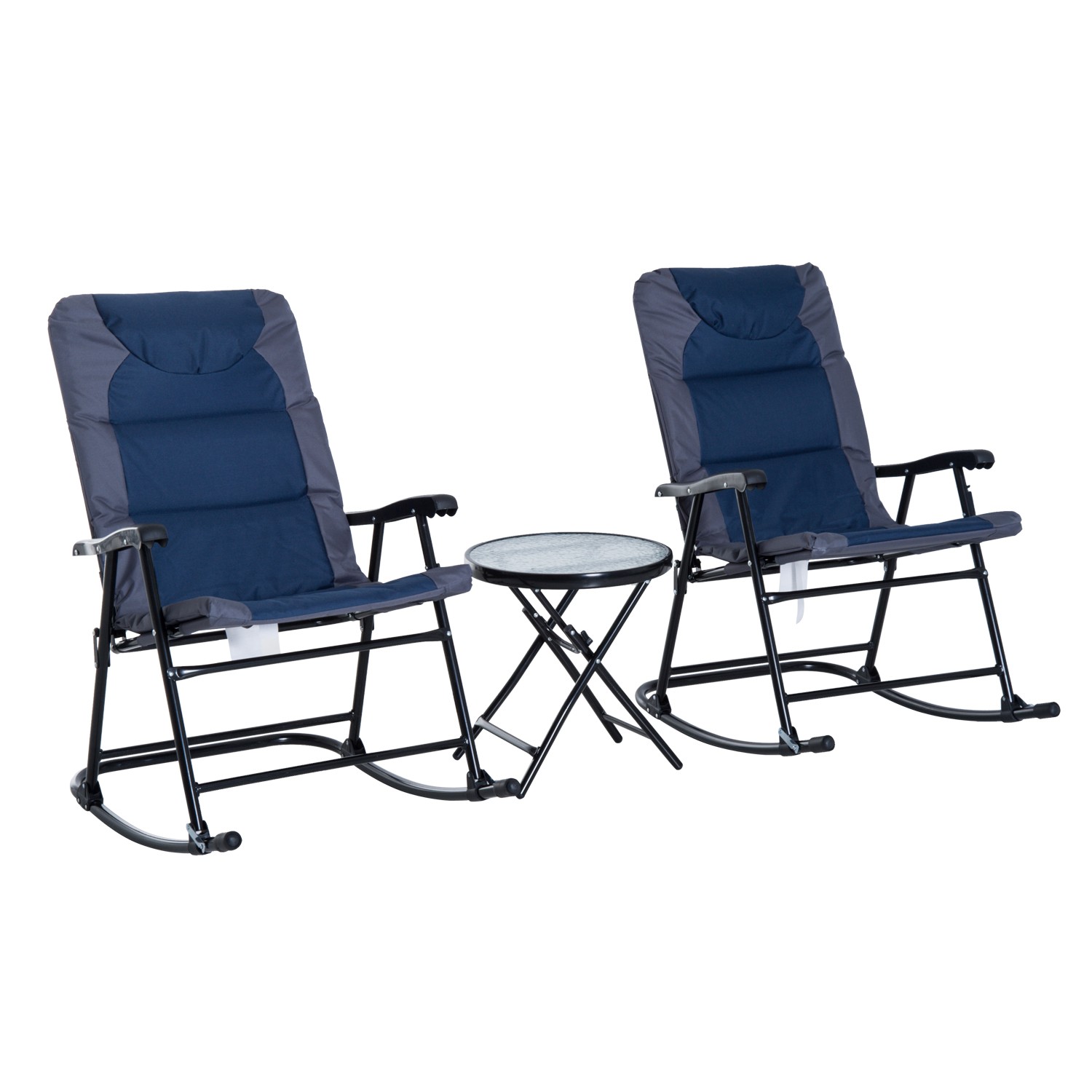 3PC Folding Outdoor Furniture Set, Rocking Chairs, Coffee Table, Blue