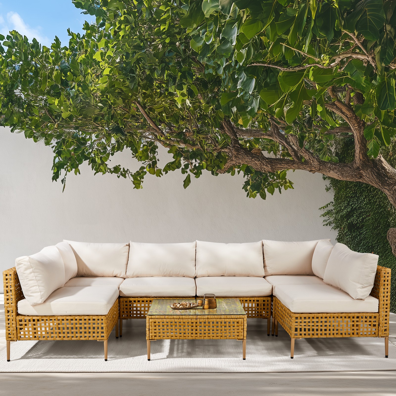 Garden Outdoor 7PC Patio Wicker Sectional Yellow Rattan Beige Cushion Chair Sofa