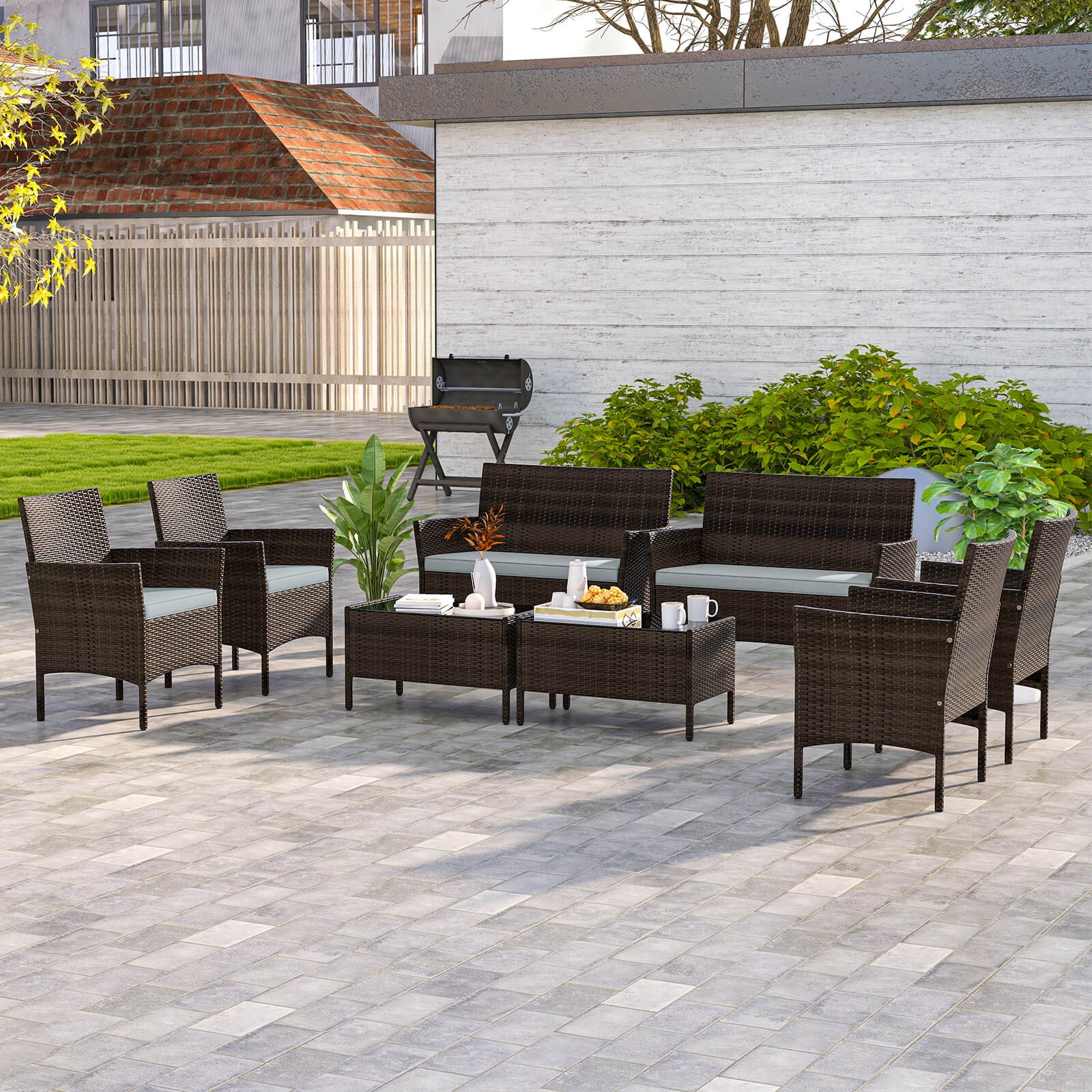 Patio 8 PCS Furniture Set w/Washable Cushions and Tempered Glass Coffee Table