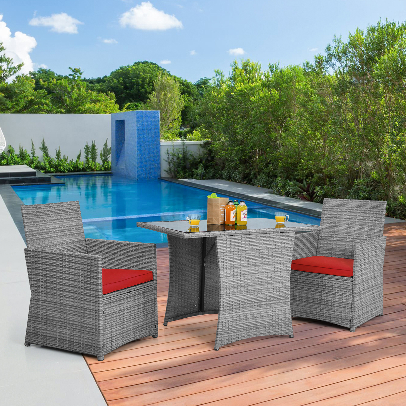 3PCS Outdoor Rattan Conversation Set Patio Dining Table Set w/ Red Cushions