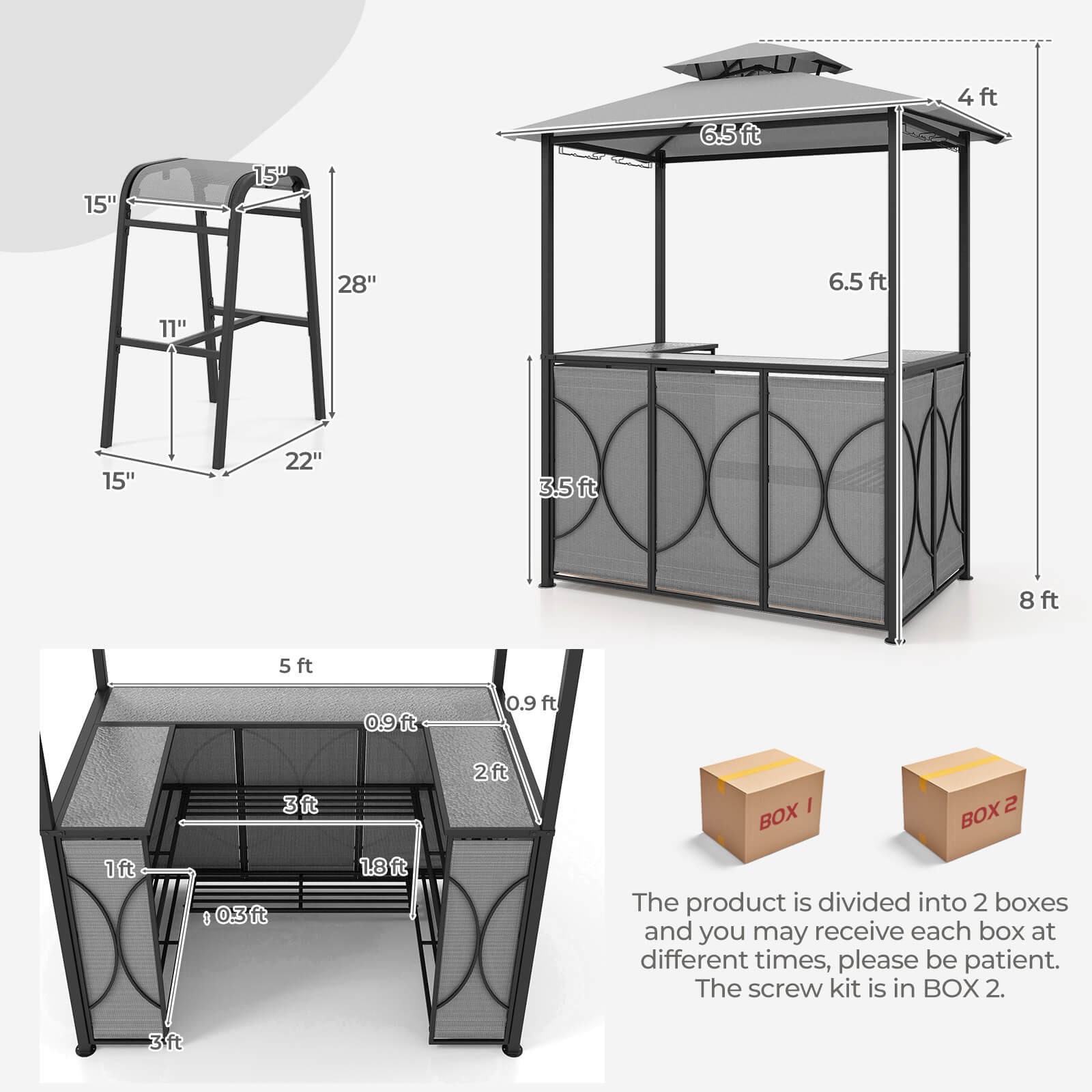 Patio 3 PCS Bar Set w/ Tempered Glass Bar Table Metal Storage Shelves for Garden