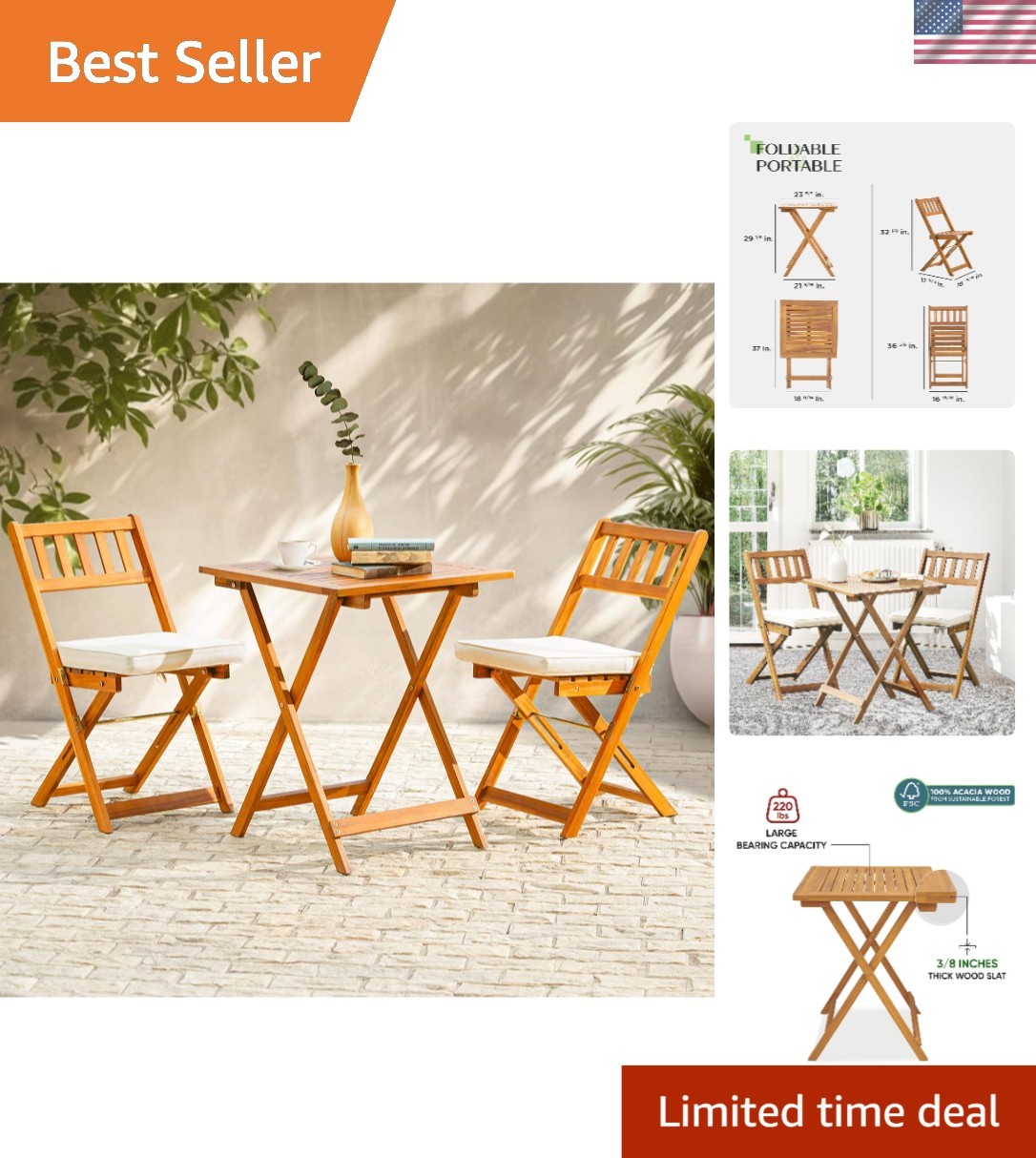 Versatile Bistro Set with Cushion – Acacia Wood Table & Folding Chairs for Patio