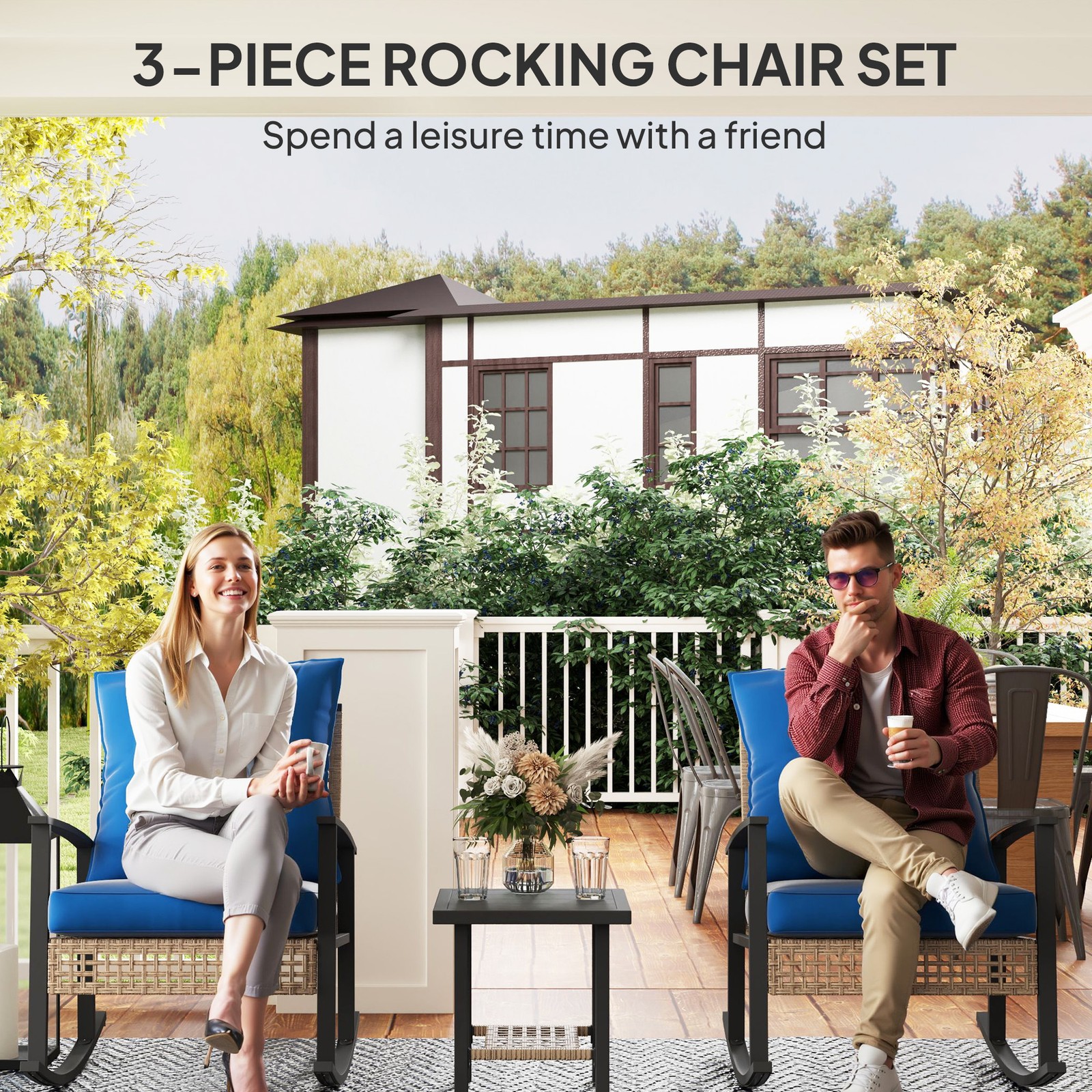 3 Pieces Bistro Set with Rattan Rocking Chairs & Coffee Table Dark Blue