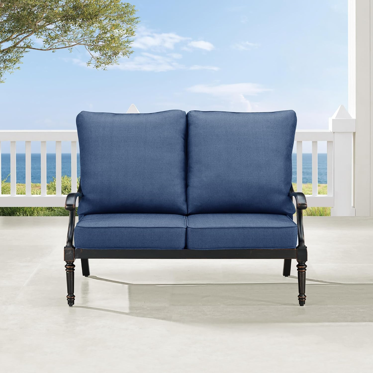 Black Aluminum Patio Deep Seating Outdoor Two Seater Loveseat with Blue Cushions