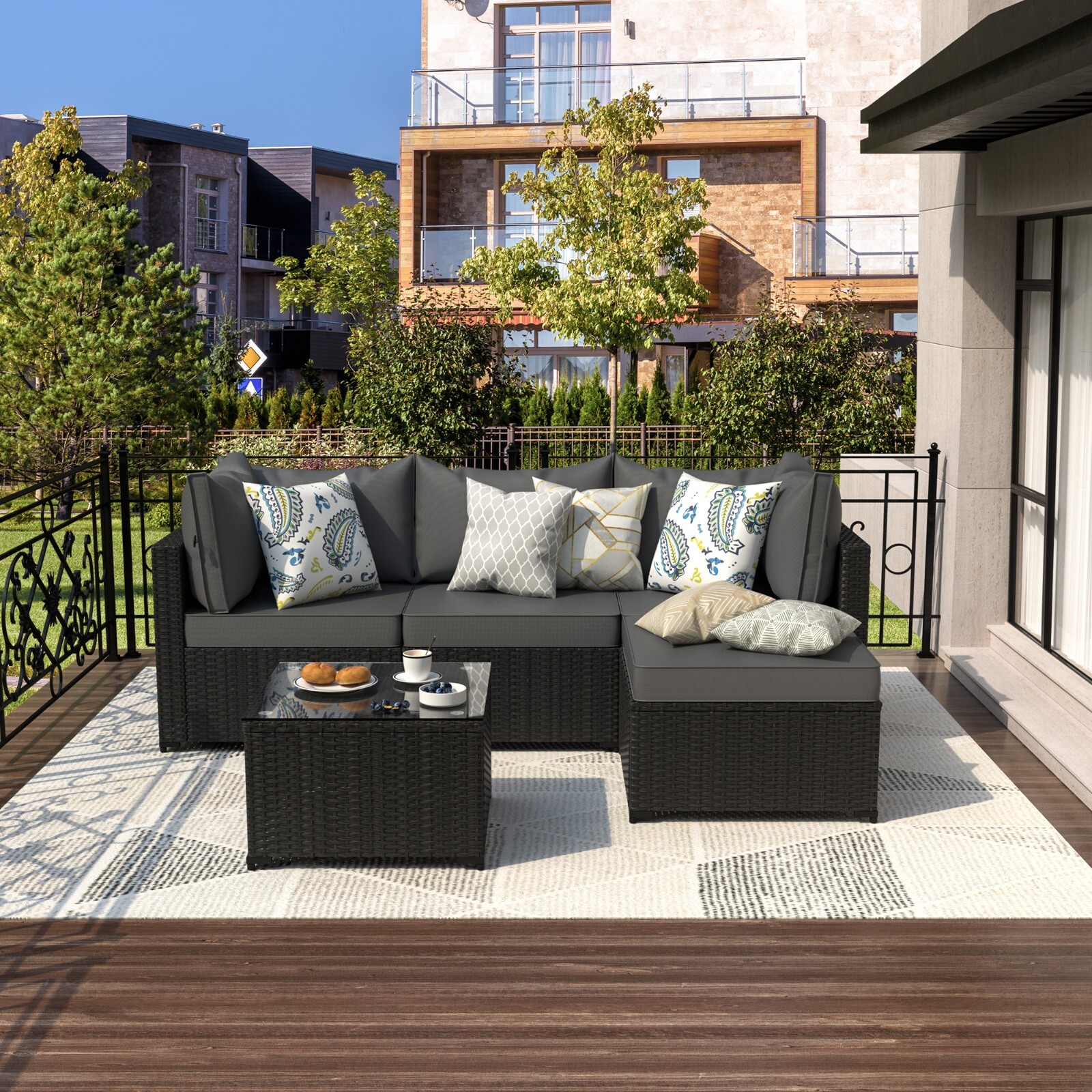 5 Pcs Patio Furniture Set Outdoor Sectional Sofa with PE Wicker Couch Seating