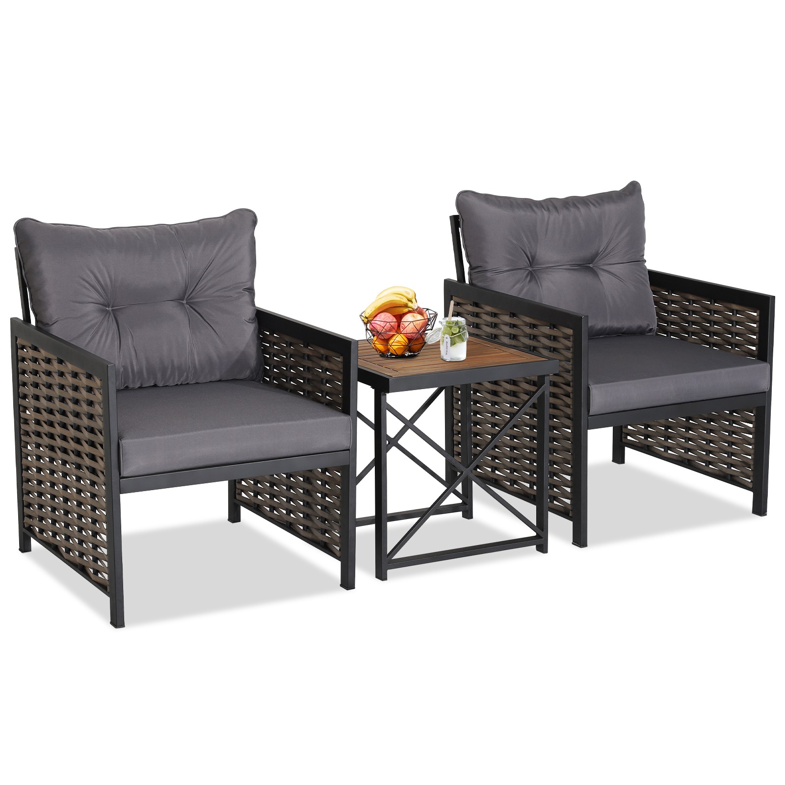 3 PCS Patio Rattan Furniture Set Acacia Wood Coffee Table & 2 Chairs Backyard