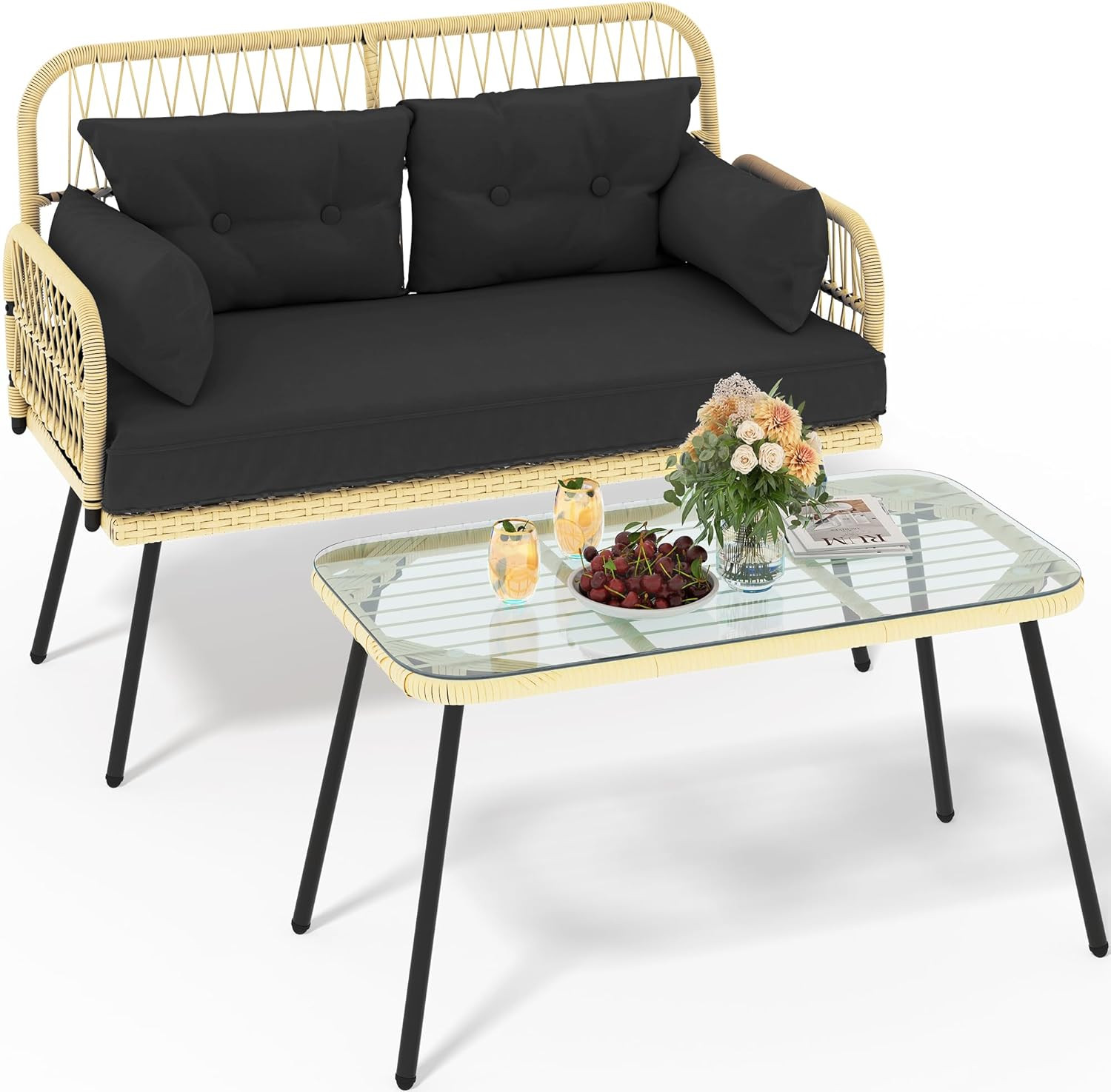Light Brown & Black Wicker Loveseat Set with Cushions & Side Table for Outdoors