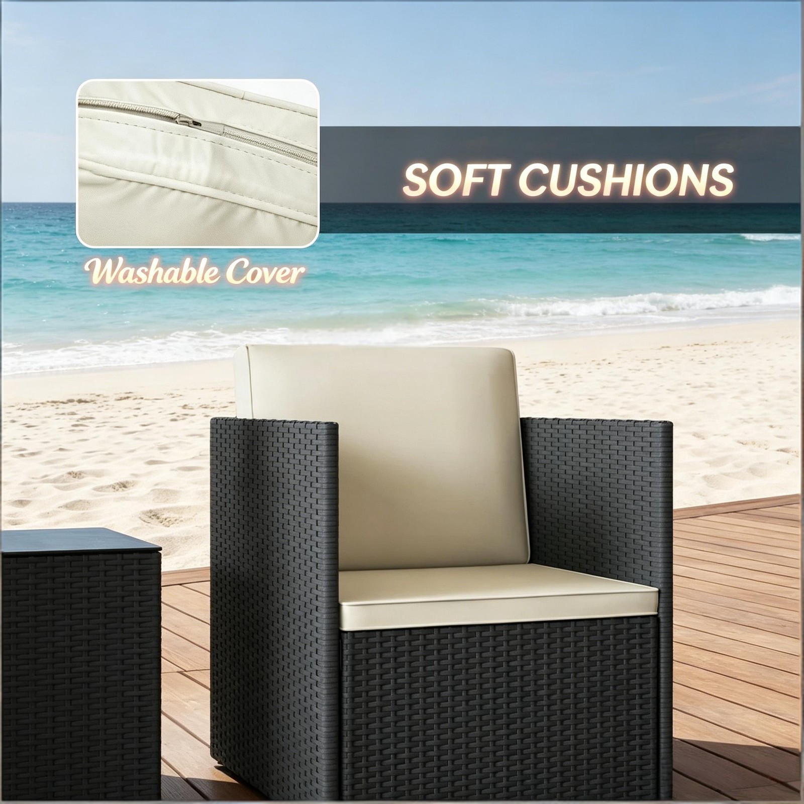 3-Piece Folding Bistro Set, PE Rattan & Steel Frame, Black & White
