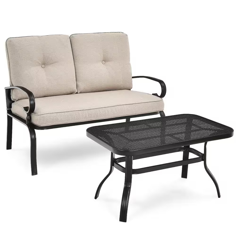 2-Pieces Metal Outdoor Loveseat Bench Table Furniture Set with Beige Cushions