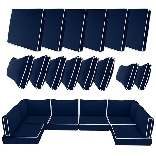 14 Piece Outdoor Patio 25.6″L x 25.6″W x 4″H (covers) Navy Blue+white Piping
