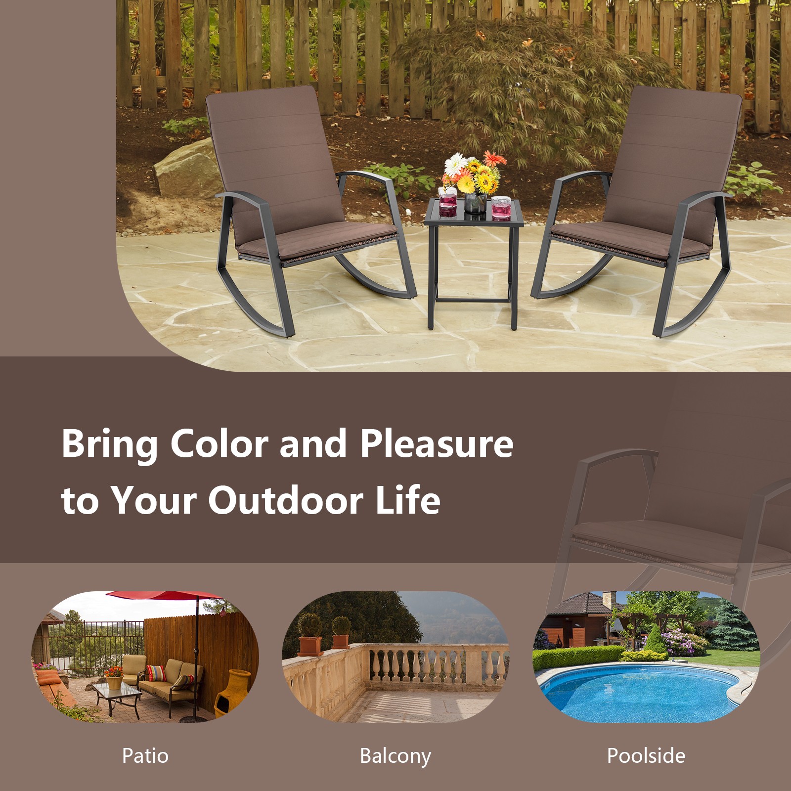Patiojoy 3-Piece Patio Rattan Rocking Table &Chair Furniture Set Cushion Brown