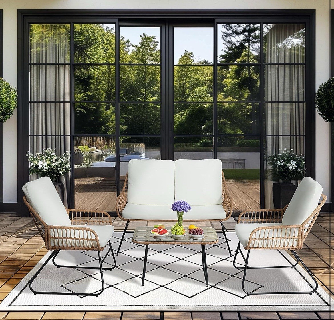 4 PCS Outdoor Patio Rattan Conversation Furniture Set w/ Table & Cushions