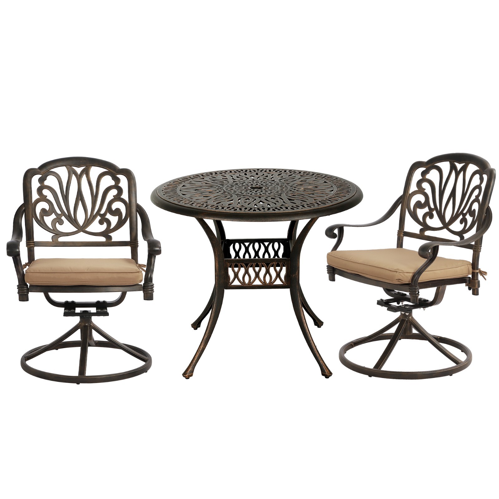 Outdoor 35.4″ Round Table with Umbrella Hole and 2 Chairs Furniture Set