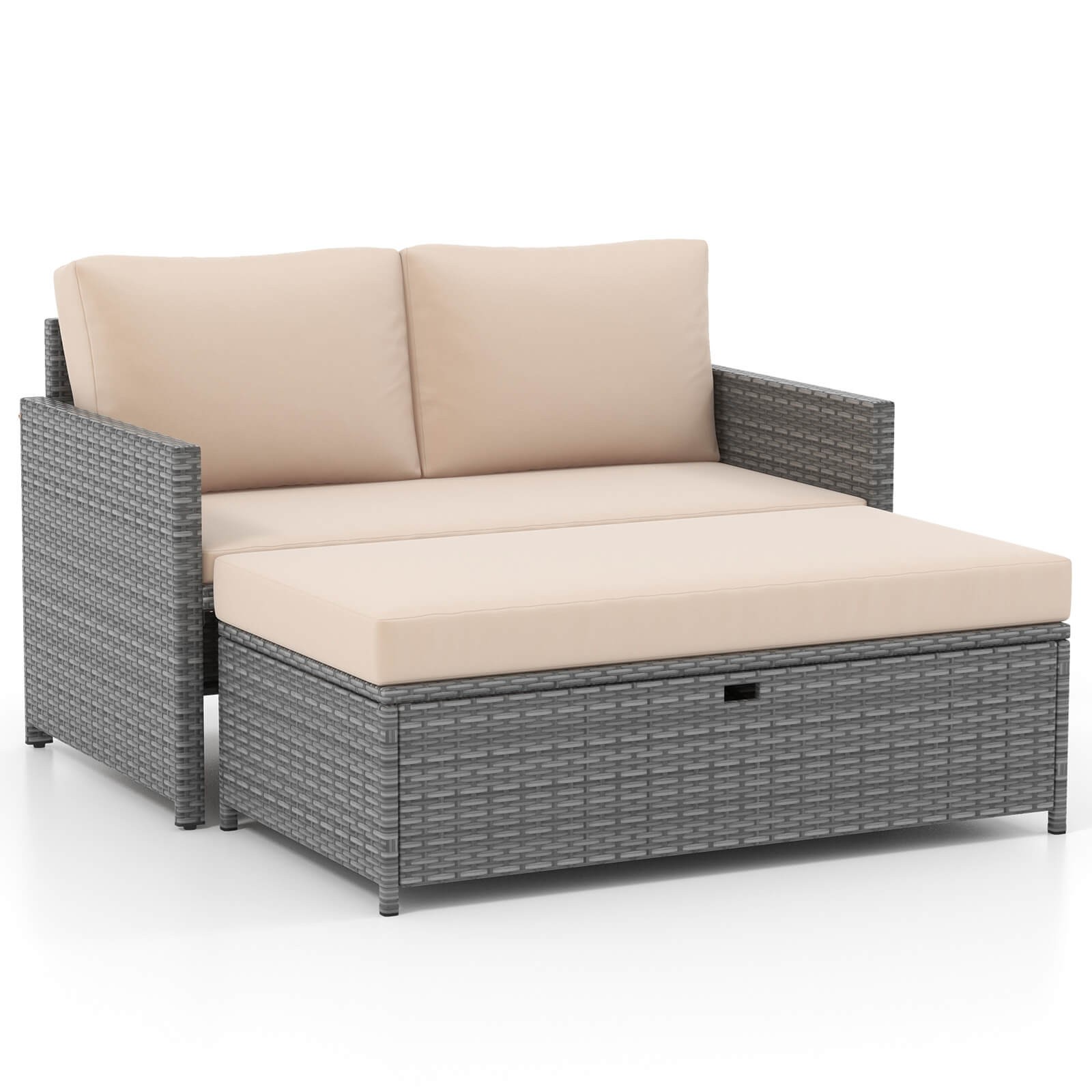 2 PCS Patio Loveseat w/ 31 Gal Multifunctional Storage Ottoman and Soft Cushions