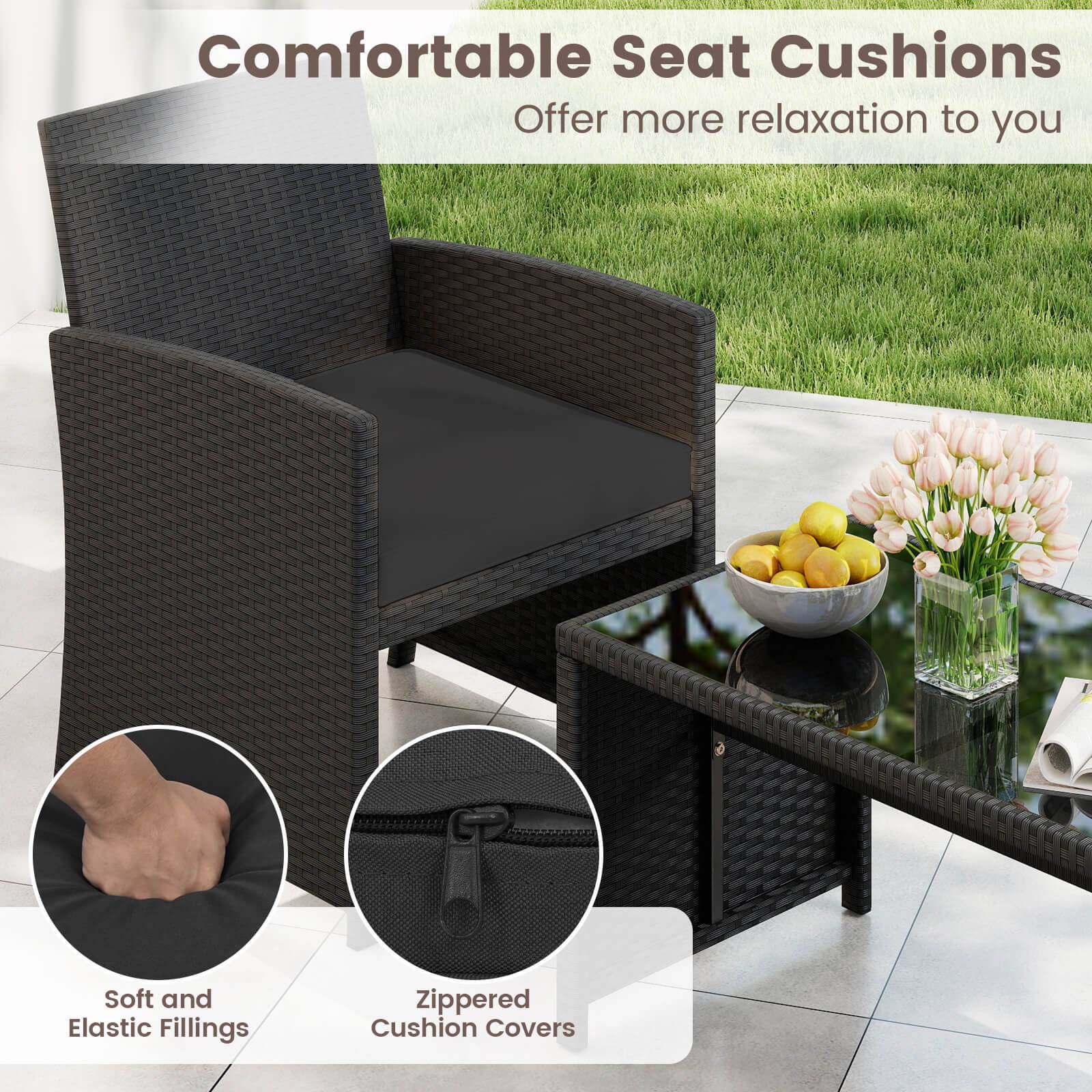 8 PCS Patio Conversation Set w/Seat Cushions & Tempered Glass Tabletop, Porch