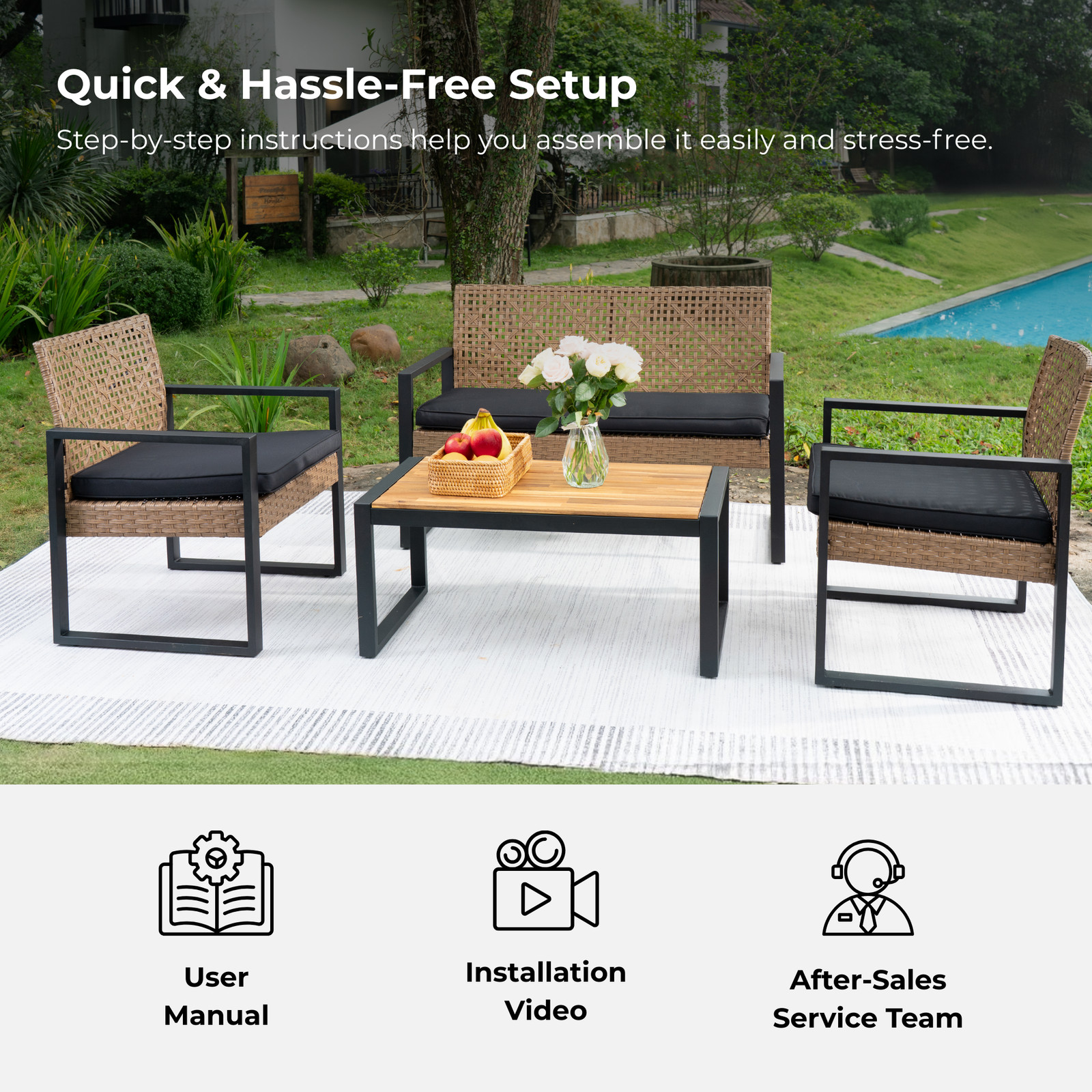 4-Piece Patio Furniture Set Acacia Wood Rattan Modern Black Brown Outdoor