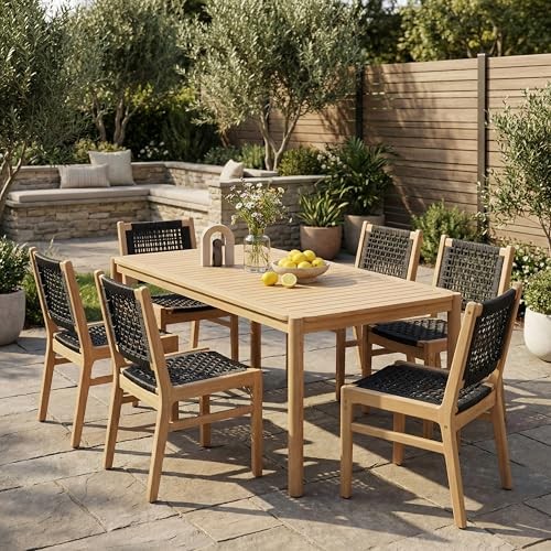 Levi Acacia Wood Dining Table Set for 6, Solid Wood Outdoor Black + Light Teak