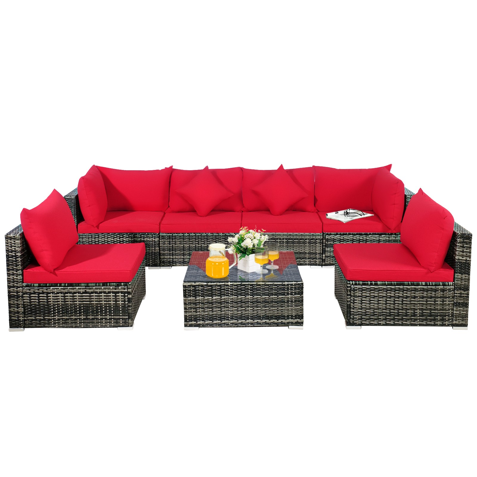 Patiojoy Patio 7PCS Rattan Furniture Set Sectional Sofa Garden Red Cushion