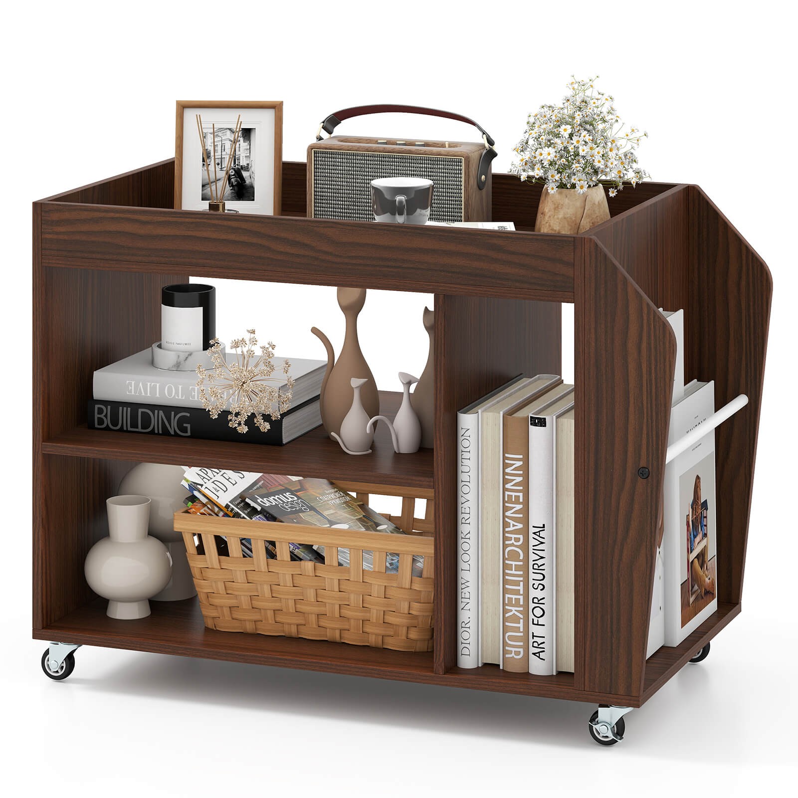 Side End Table 3-Tier Bookshelf with Universal Wheels Rolling Nightstand Walnut