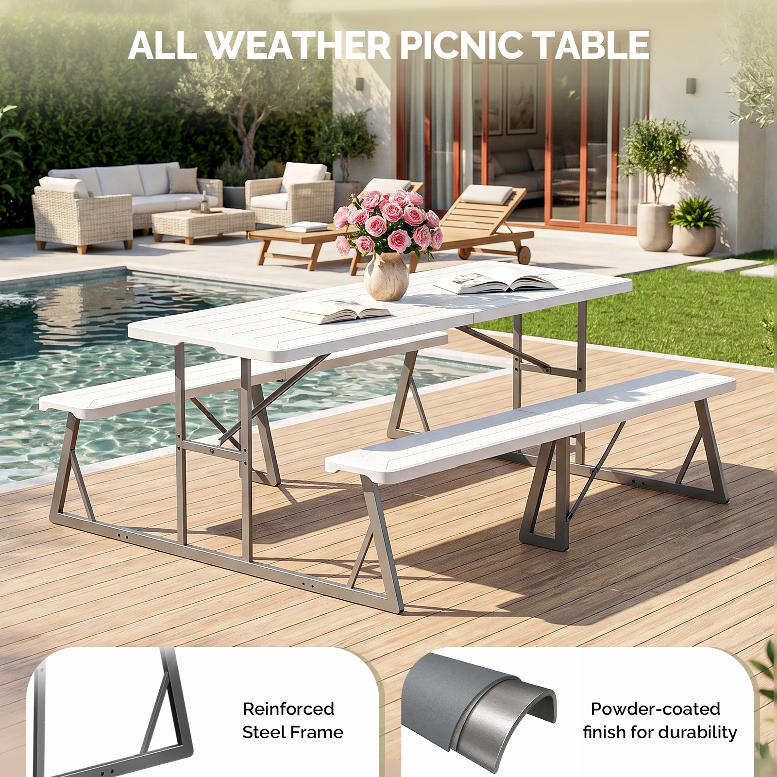 4.5/6FT Picnic Table Bench Set w/ Umbrella Hole for Outdoor Camping Garden Yard