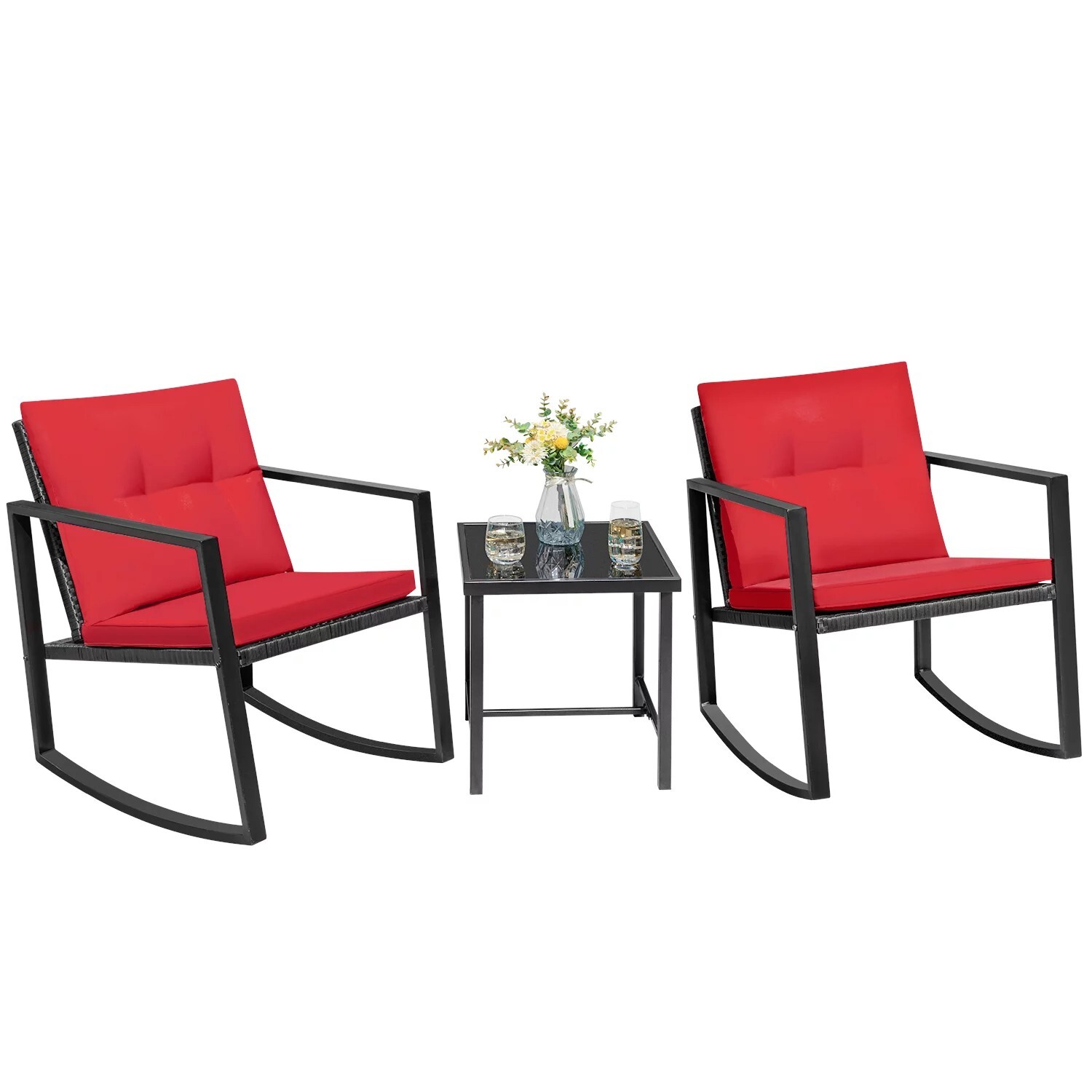 3 Pieces Rocking Wicker Bistro Set, Patio Outdoor Furniture Conversation