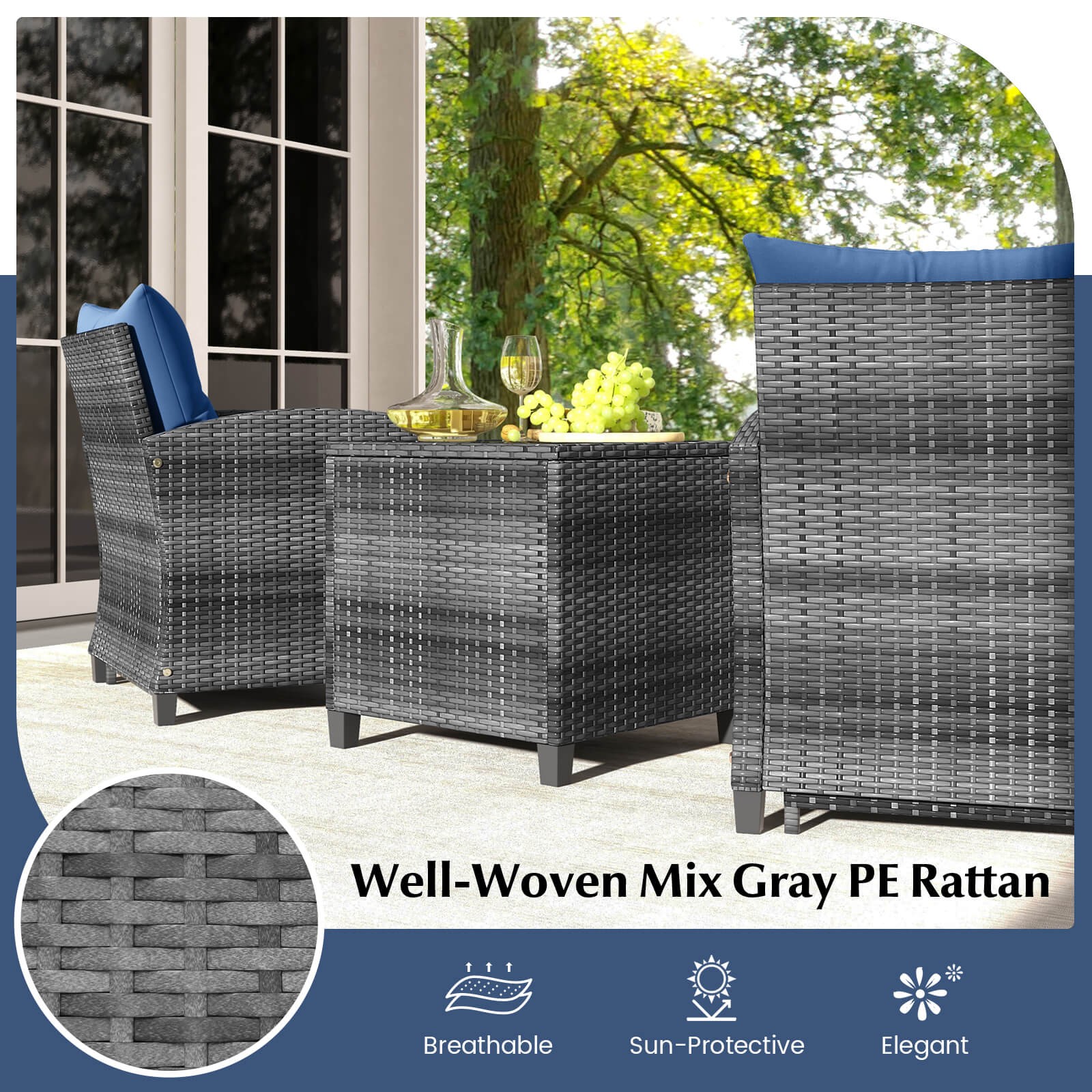 Patio 5 Piece Rattan Furniture w/ 2 Ottomans & Tempered Glass Coffee Table