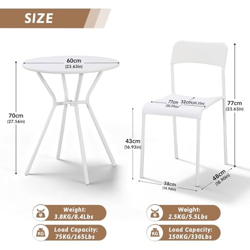 Outdoor Bistro Set for 2- Metal 3 Piece Bistro Table and Chairs Set of 2 White
