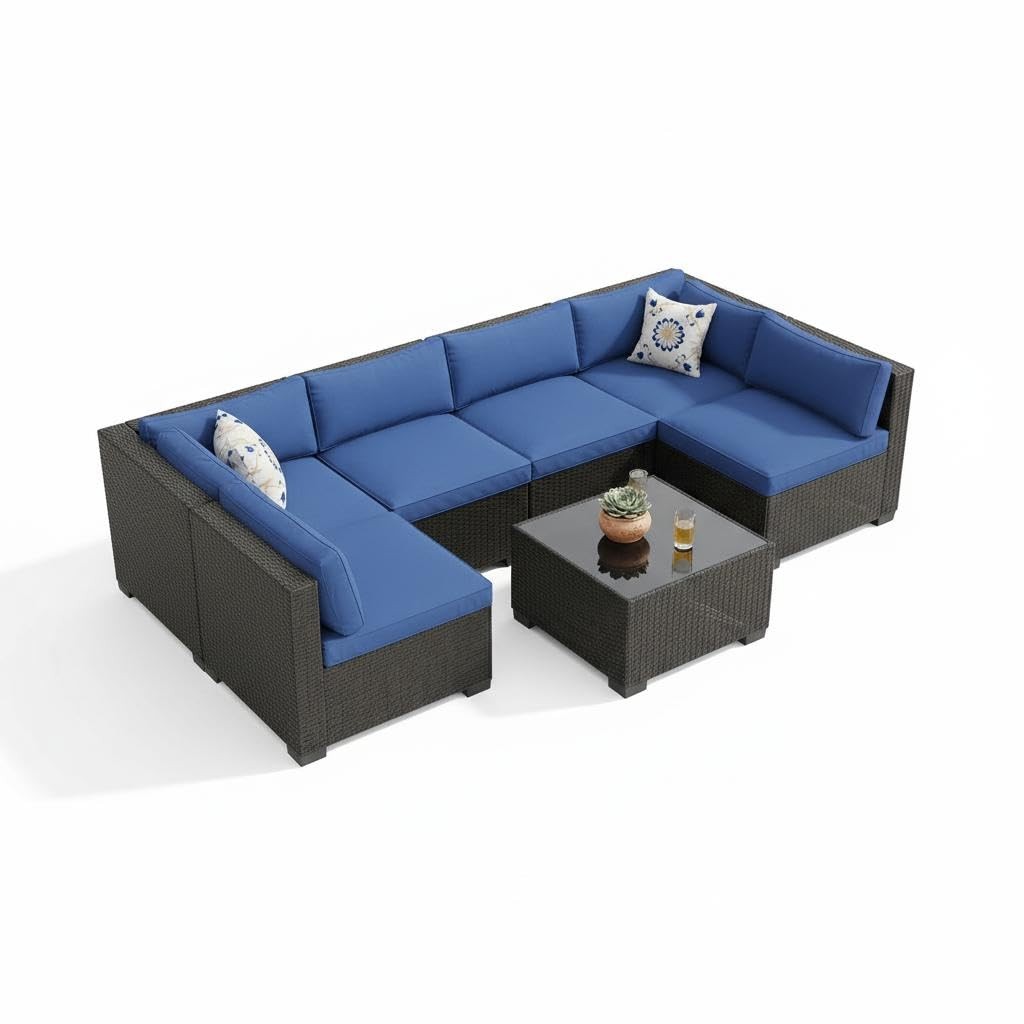 Steel Frame Rattan Wicker Sofa 7-Piece Outdoor Patio Set with Cushions