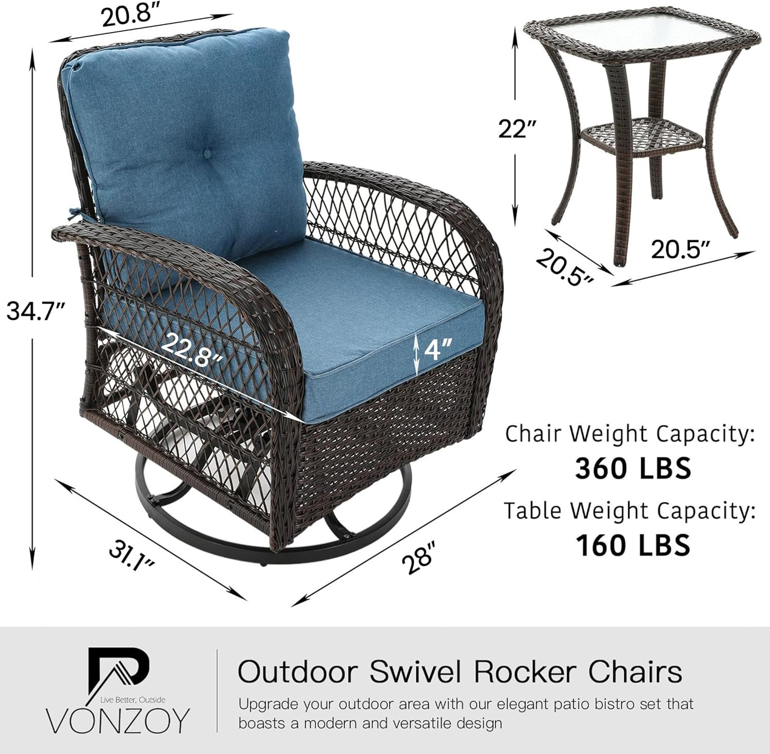 3 Pieces Patio Furniture Set, Outdoor Swivel Glider Rocker, Wicker Patio Bistro