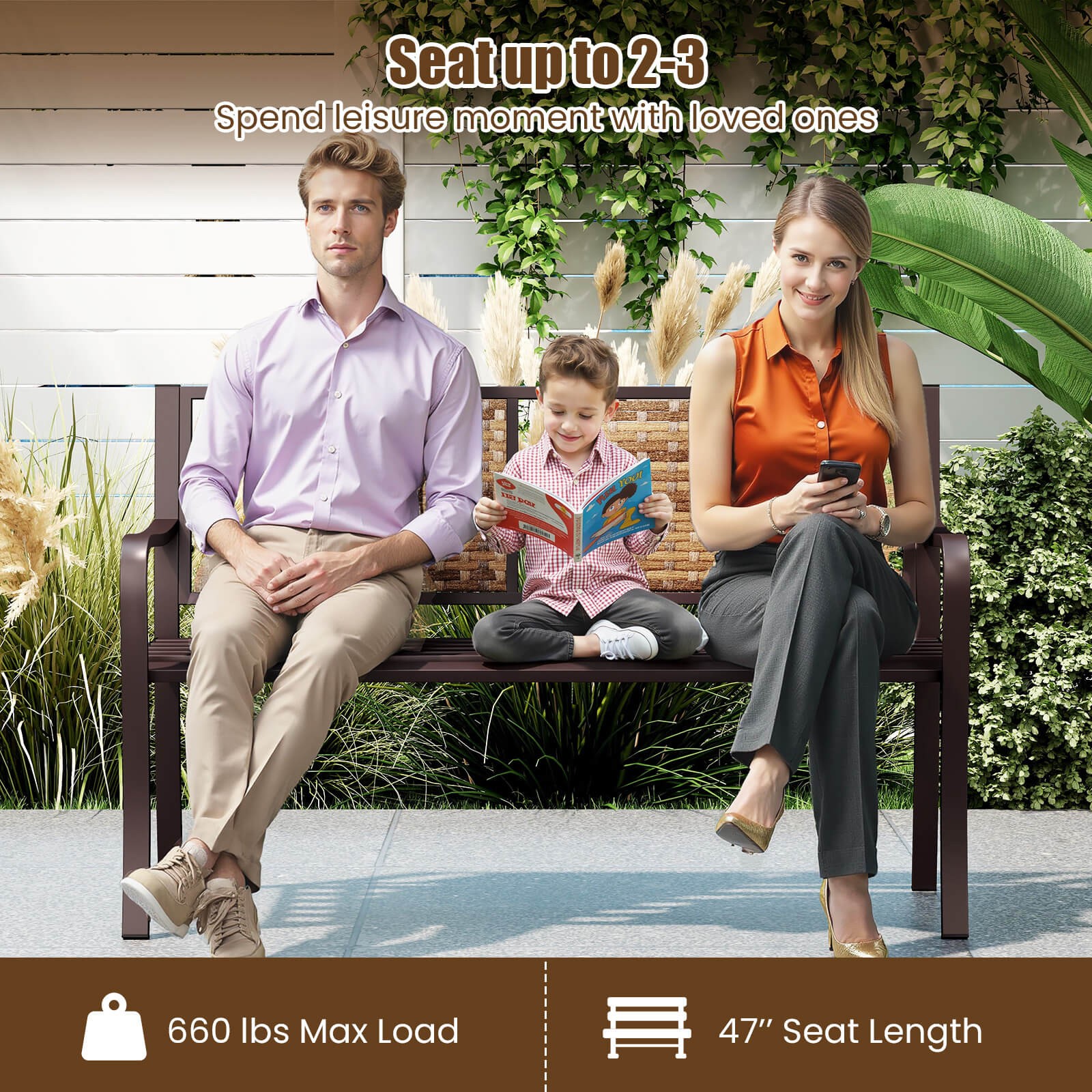 51″ Patio Metal Bench for 2-3 w/ Rattan Backrest & Curved Armrests for Backyard