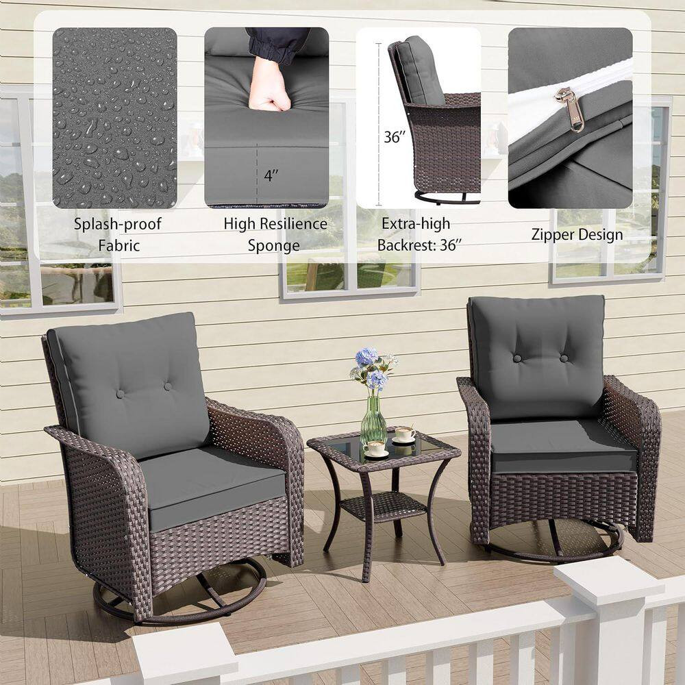 3-Piece Wicker Outdoor Rocking Chairs Set with Swivel, 1 Glass Coffee Table and