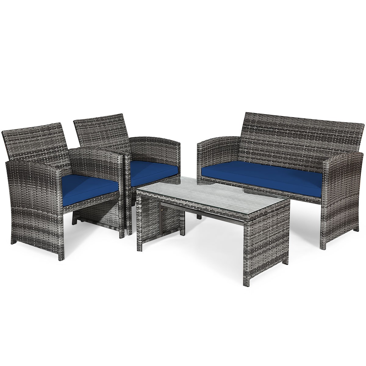 Patio 4PCS Rattan Furniture Set Conversation Glass Table Top Sofa Cushioned Navy