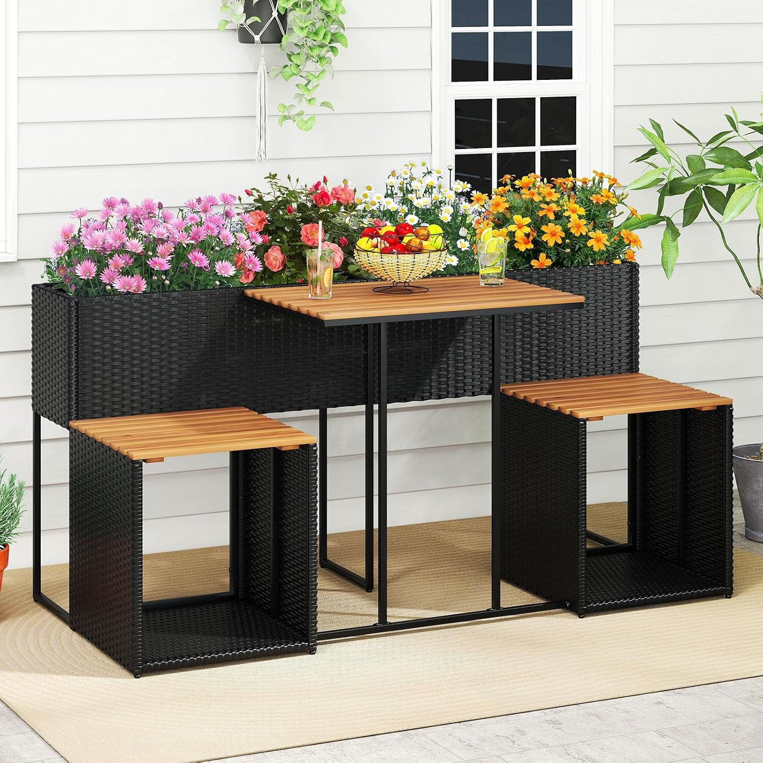 RELAX4LIFE Patio Furniture Set with Raised Garden Bed, Wicker Rattan Elevated Pl