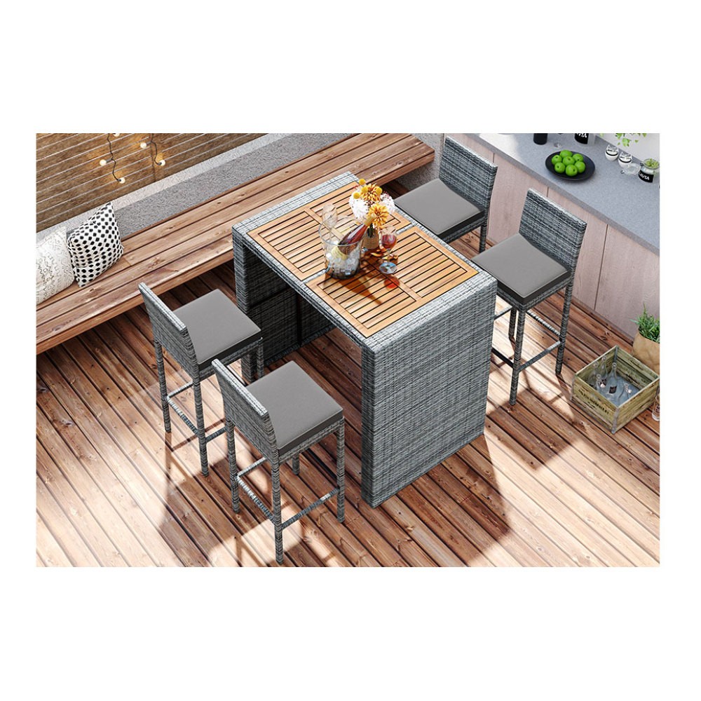 5-Piece Outdoor Patio Wicker Bar Set – Bar Stools w/ Non-Slip Feet & Cushions
