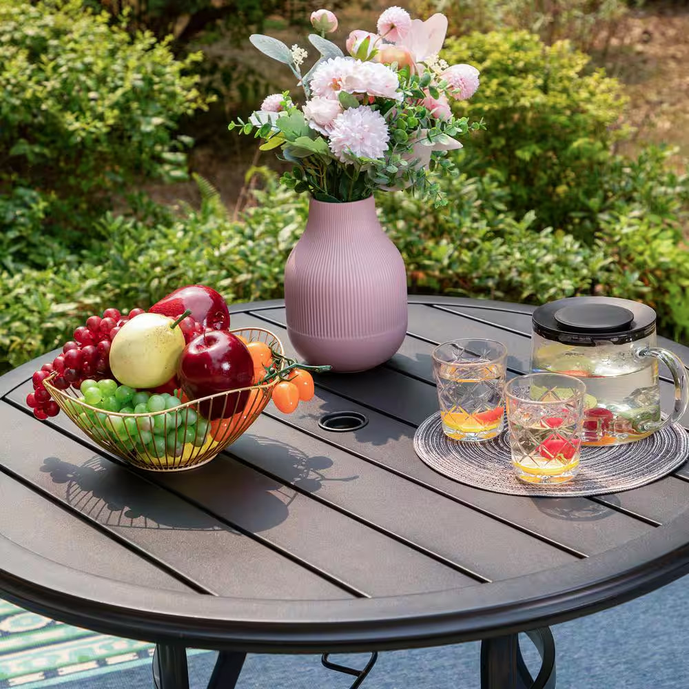 5-Piece Metal Outdoor Patio Dining Set with Slat round Table and Elegant Stackab