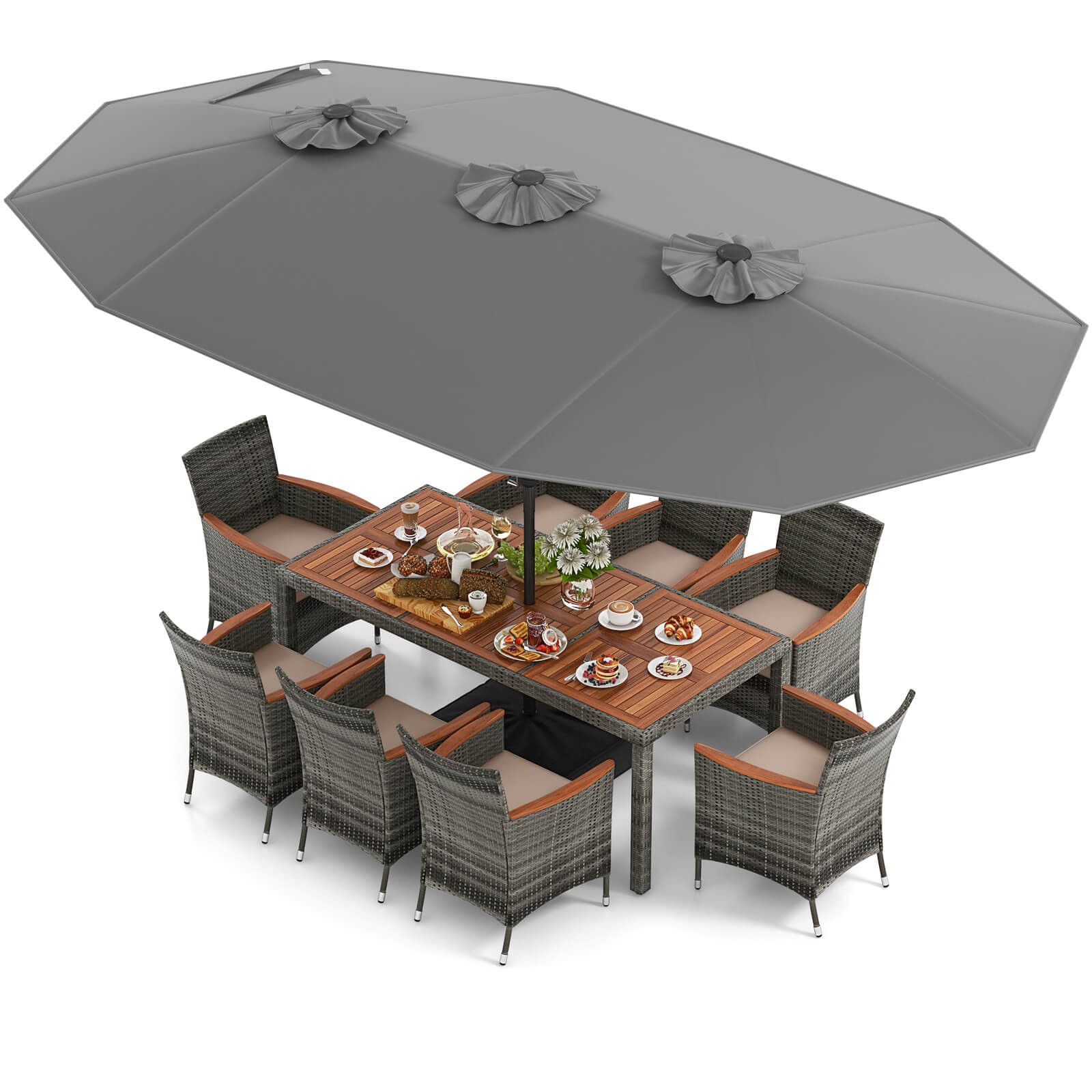 10 Pieces Patio Wicker Dining Set w/ Double-Sided Patio Umbrella 8 Armchairs