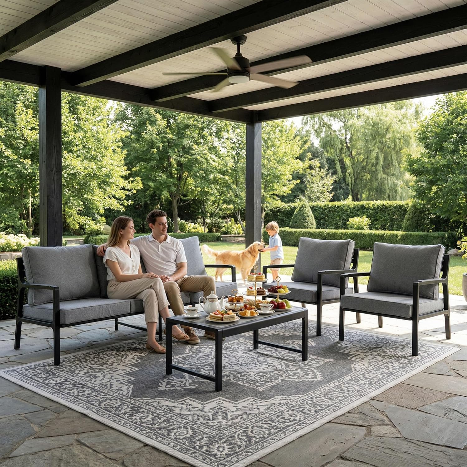 Weather-Resistant Iron-Aluminum Patio Sofa Set with Wood-Grain Table